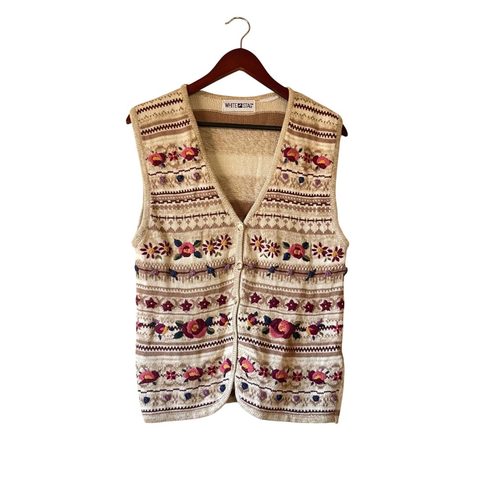 Vintage Womens Knit Floral Embroidered Button Front Vest Beige M cottagecore